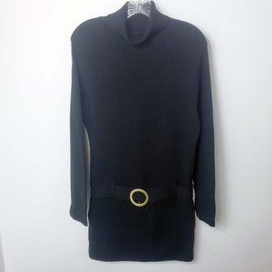 INC Women's Black Knit Gold Belted Turtle Neck Long Sleeve XL Top Tunic Sweater